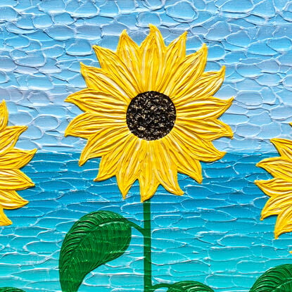 yellow textured thick paint palette knife sunflowers on a coastal water blue background