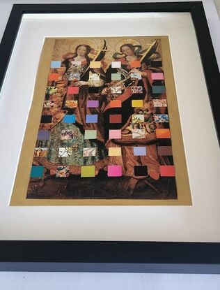 various coloured squares woven in a grid formation on an image of a vintage dressed sepia toned woman in black frame and white mat