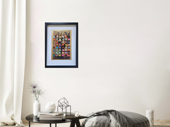 various coloured squares woven in a grid formation on an image of a vintage dressed sepia toned woman in black frame and white mat