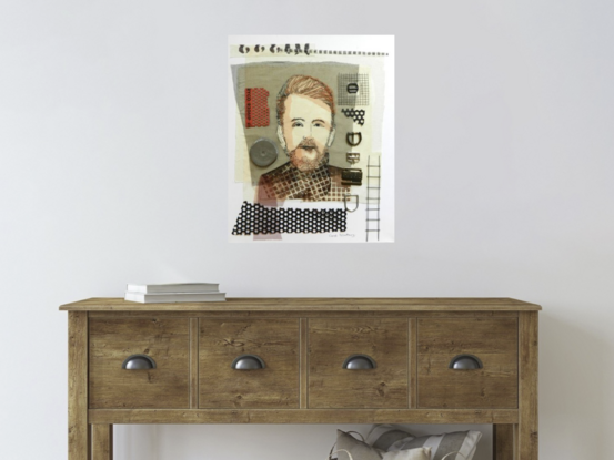 Face of a stylish man with checkered coat  surrounded by metal objects.  A ladder stretches up from. lower right corner