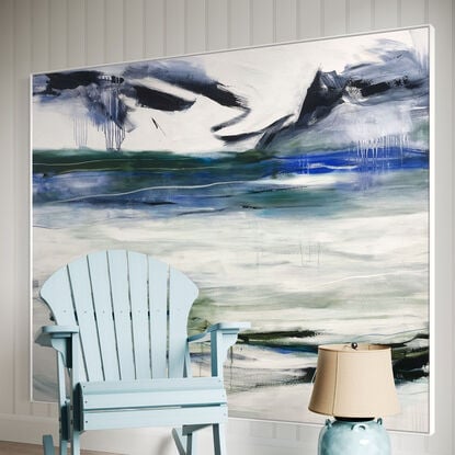 bold textured marks in light green, olive with areas of white and grey, beige, navy, and bright blue expressive marks across a large canvas suggestive of the landscape seascape.