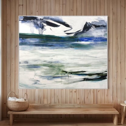 bold textured marks in light green, olive with areas of white and grey, beige, navy, and bright blue expressive marks across a large canvas suggestive of the landscape seascape.