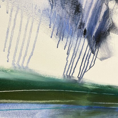 bold textured marks in light green, olive with areas of white and grey, beige, navy, and bright blue expressive marks across a large canvas suggestive of the landscape seascape.