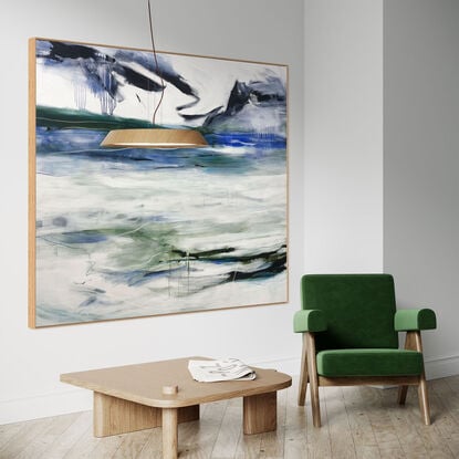 bold textured marks in light green, olive with areas of white and grey, beige, navy, and bright blue expressive marks across a large canvas suggestive of the landscape seascape.