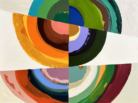 Abstract of textured semi circles in bright and bold colors on a textured white and beige background