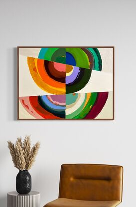 Abstract of textured semi circles in bright and bold colors on a textured white and beige background