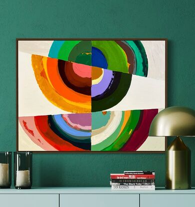 Abstract of textured semi circles in bright and bold colors on a textured white and beige background