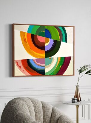 Abstract of textured semi circles in bright and bold colors on a textured white and beige background