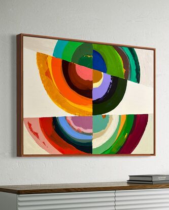 Abstract of textured semi circles in bright and bold colors on a textured white and beige background