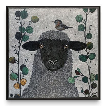 A framed  limited edition print of my mixed media drawing of a Sheep and a Little Bird amongst eucalyptus on 360 gsm pastel paper, rendered in coloured pencil and oil pastel