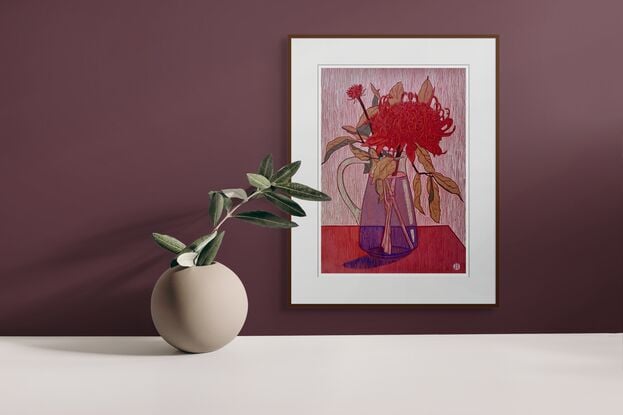 A Limited Edition Giclee Print of a Still Life Drawing of a Waratah in a Glass Jug on 310 gsm paper, rendered in coloured pencil, oil pastel and ink