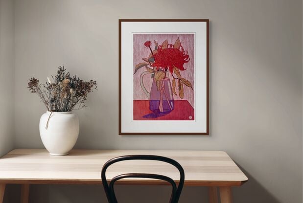 A Limited Edition Giclee Print of a Still Life Drawing of a Waratah in a Glass Jug on 310 gsm paper, rendered in coloured pencil, oil pastel and ink