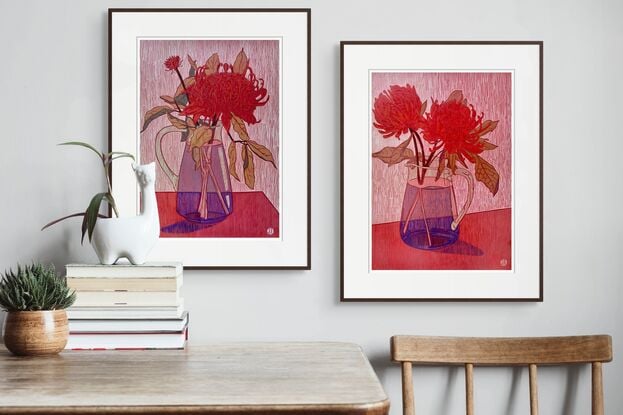 A Limited Edition Giclee Print of a Still Life Drawing of a Waratah in a Glass Jug on 310 gsm paper, rendered in coloured pencil, oil pastel and ink