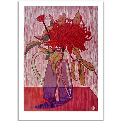 A Limited Edition Giclee Print of a Still Life Drawing of a Waratah in a Glass Jug on 310 gsm paper, rendered in coloured pencil, oil pastel and ink