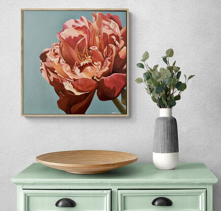 Beautiful orange/pink toned single Peony on a blue toned background oil painting by Amanda Cameron.