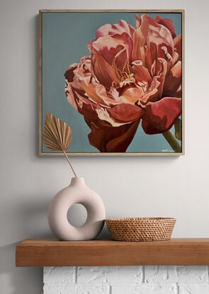 Beautiful orange/pink toned single Peony on a blue toned background oil painting by Amanda Cameron.