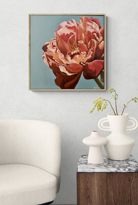 Beautiful orange/pink toned single Peony on a blue toned background oil painting by Amanda Cameron.