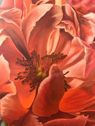 Beautiful orange and pink toned single Peony on a blue and green toned background oil painting by Amanda Cameron.