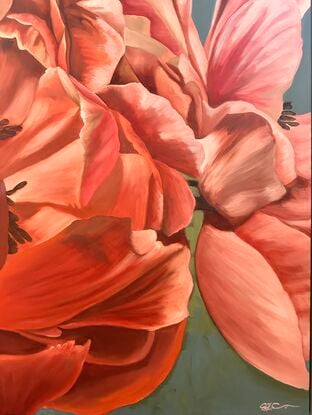 Beautiful orange and pink toned single Peony on a blue and green toned background oil painting by Amanda Cameron.