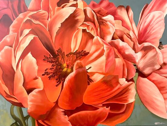 Beautiful orange and pink toned single Peony on a blue and green toned background oil painting by Amanda Cameron.