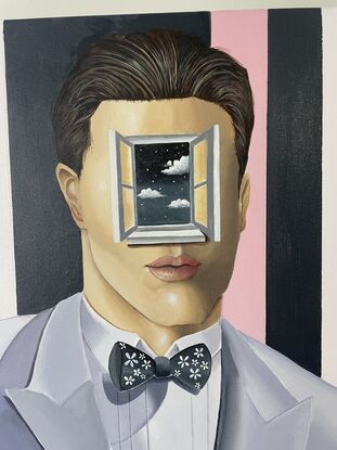 Portrait of a man in a white suit with a window on his face 