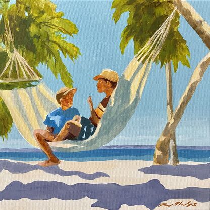 Two boys in a hammock on the beach with palm trees and ocean 