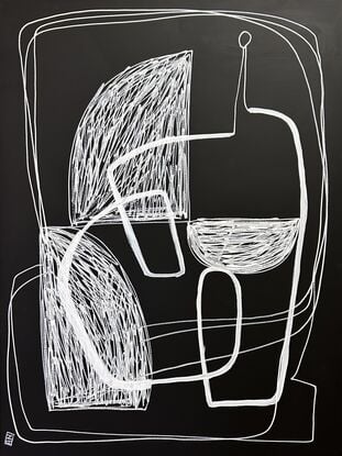 white line drawing of abstracted figure and textured white areas on black background.