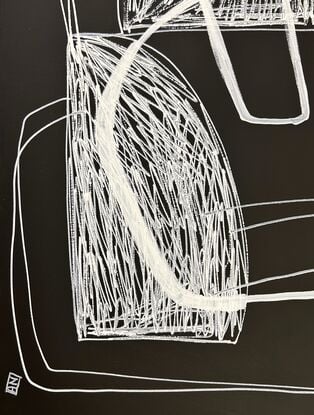 white line drawing of abstracted figure and textured white areas on black background.