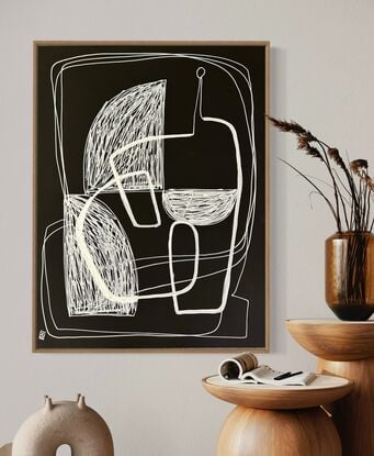 white line drawing of abstracted figure and textured white areas on black background.