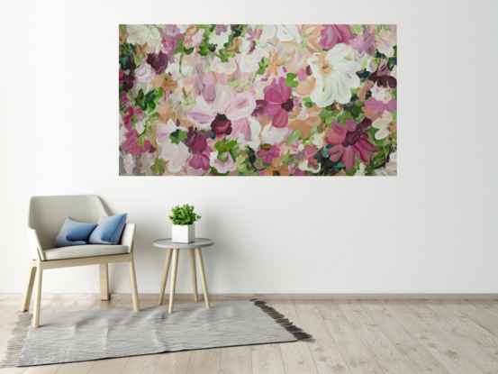 large pink and green abstract botanical painting 