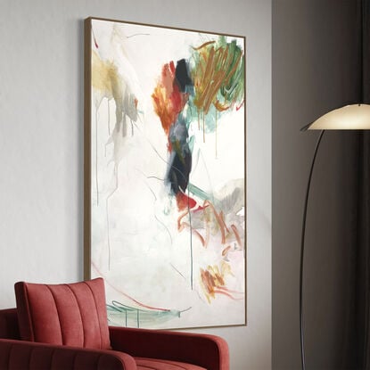 bold paint and pencil marks in light ochre with areas of white, red, plum, tan, green, coral, olive and grey expressive marks across a large canvas