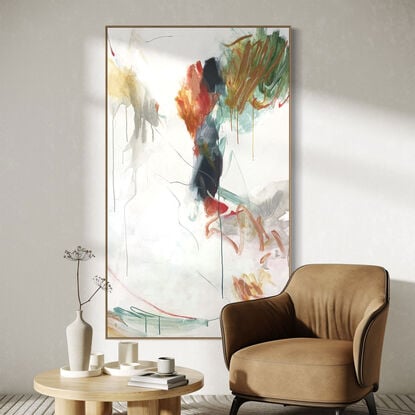 bold paint and pencil marks in light ochre with areas of white, red, plum, tan, green, coral, olive and grey expressive marks across a large canvas