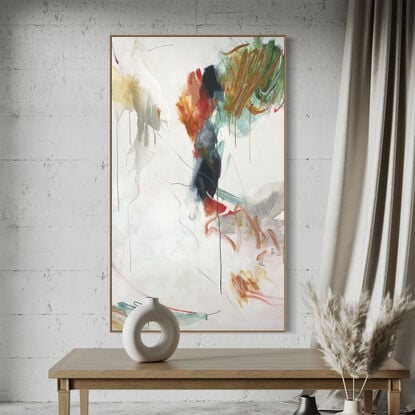 bold paint and pencil marks in light ochre with areas of white, red, plum, tan, green, coral, olive and grey expressive marks across a large canvas