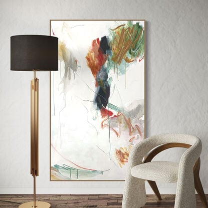 bold paint and pencil marks in light ochre with areas of white, red, plum, tan, green, coral, olive and grey expressive marks across a large canvas