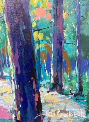 Forest of trees with light streaming through. Captured by artist in vibrant colourful style. Lovely reds, purples and green colours. 