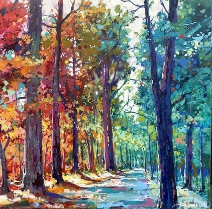 Forest of trees with light streaming through. Captured by artist in vibrant colourful style. Lovely reds, purples and green colours. 