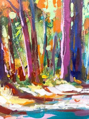 Forest of trees with light streaming through. Captured by artist in vibrant colourful style. Lovely reds, purples and green colours. 