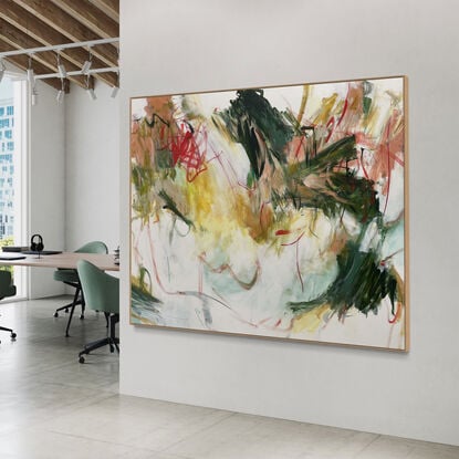 bold paint and pencil marks in light green, olive lime with areas of white and grey, beige,  coral, red, white, olive dark green ,lime, sage, grey, and ochre  expressive marks across a large canvas