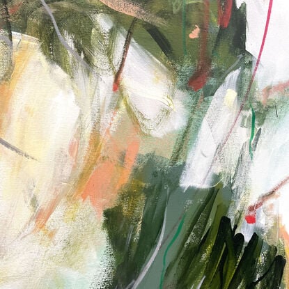 bold paint and pencil marks in light green, olive lime with areas of white and grey, beige,  coral, red, white, olive dark green ,lime, sage, grey, and ochre  expressive marks across a large canvas