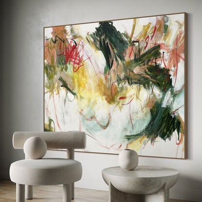 bold paint and pencil marks in light green, olive lime with areas of white and grey, beige,  coral, red, white, olive dark green ,lime, sage, grey, and ochre  expressive marks across a large canvas