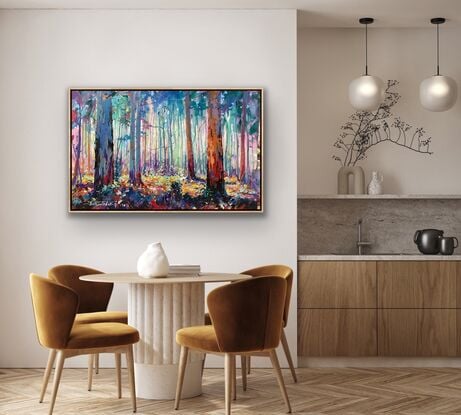 Gumtree Forest with light streaming through the trees. Painted in a colourful and vibrant style. 