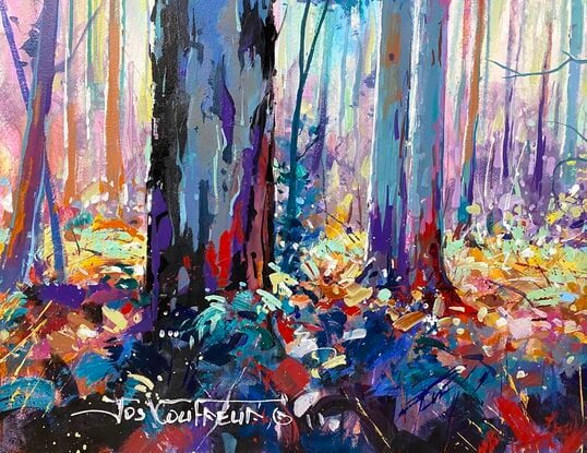 Gumtree Forest with light streaming through the trees. Painted in a colourful and vibrant style. 