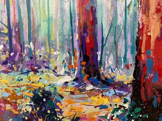 Gumtree Forest with light streaming through the trees. Painted in a colourful and vibrant style. 