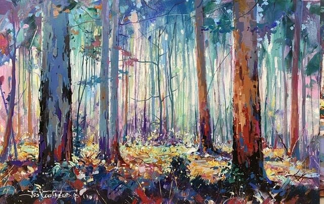 Gumtree Forest with light streaming through the trees. Painted in a colourful and vibrant style. 