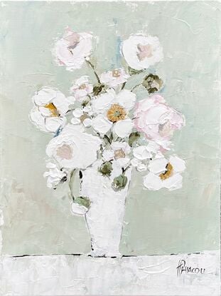 Still Life white  daisies  and  pale pink roses in a white vase.