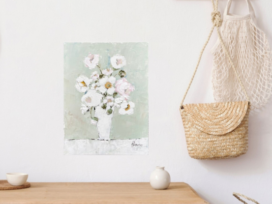 Still Life white  daisies  and  pale pink roses in a white vase.