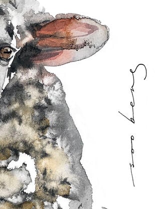 The watchful ewe, cloud-like and soft, shelters her lamb, eyes wide with wonder.
