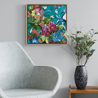 small colourful tropical rainforest garden painting with flowers and birds