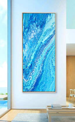 large painting in abstract of aerial of beach with white foam from waves coming into shore. The ocean is gorgeous turquoise waters, aquamarine and sparkeles like real water in the sunlight. Canwaves! almost hear the steady flow of the 