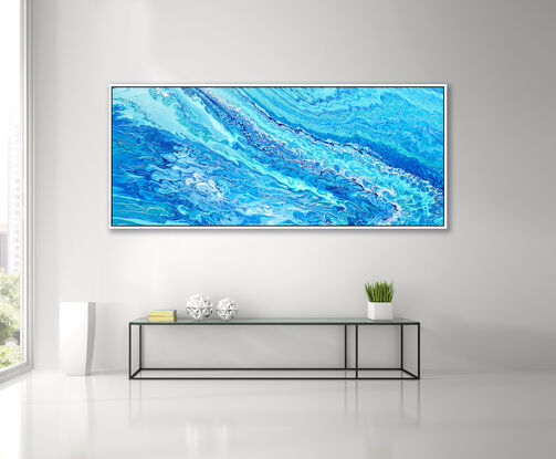 large painting in abstract of aerial of beach with white foam from waves coming into shore. The ocean is gorgeous turquoise waters, aquamarine and sparkeles like real water in the sunlight. Canwaves! almost hear the steady flow of the 